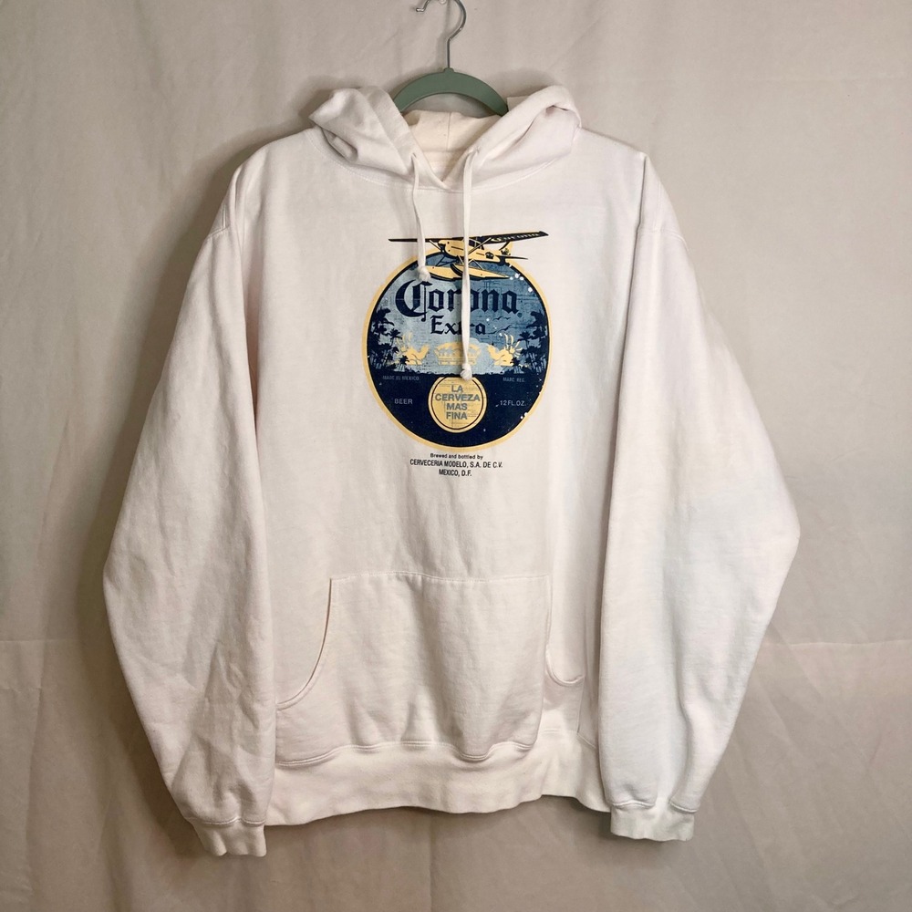 Vintage Corona Extra Hoodie Sweatshirt Mens XXL White Biplane Cerveza Y2K Beer